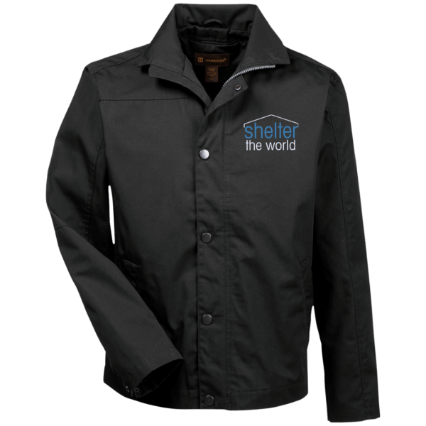 Canvas Work Jacket, polyester cotton coated canvas Lining: polyester, cotton jersey in front and back body, polyester taffeta sleeves with Double welt pen pocket on wearers left arm; Lower front welt pockets with hidden snap